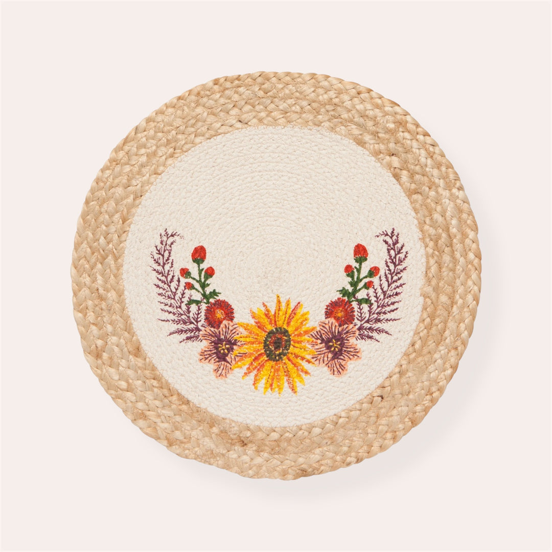 Napperon rond en jute tressé & brodé - Tournesol