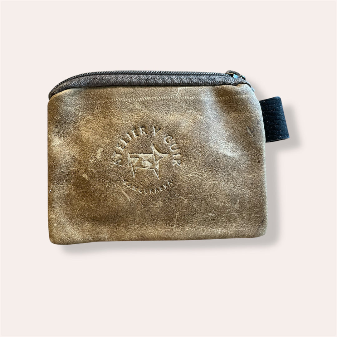 Zip coin pouch in recycled leather - Brown