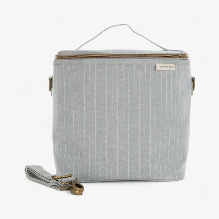 Sac à lunch en lin et coton - Gris chiné rayé blanc