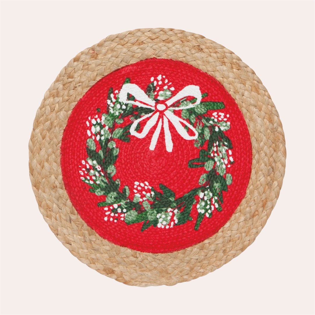 Napperon rond en jute tressé & brodé - Couronne de Noël