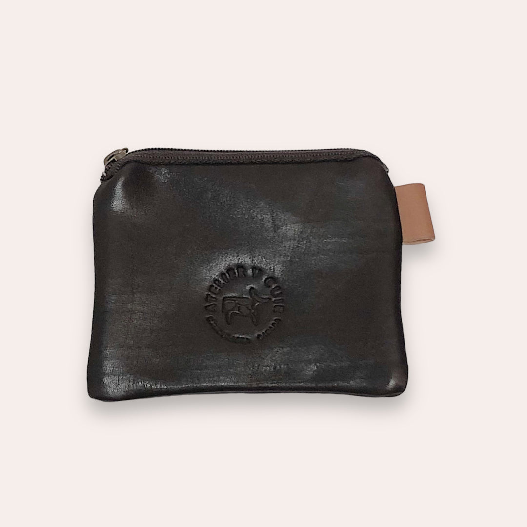 Pochette à monnaie zip en cuir recyclé - Brun foncé
