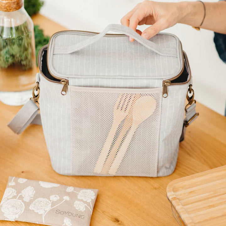 Sac à lunch en lin et coton - Gris chiné rayé blanc