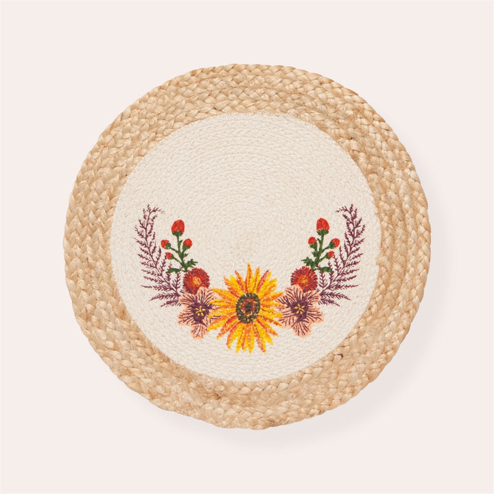 Napperon rond en jute tressé & brodé - Tournesol