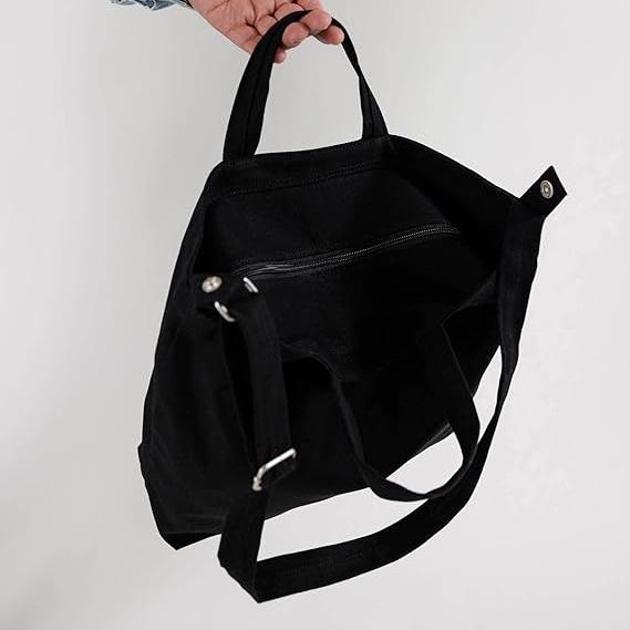 Canvas Zipped Shoulder Bag - Horizontal - Black