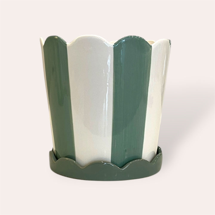 Plant pot - Green stripe with saucer - 6 in