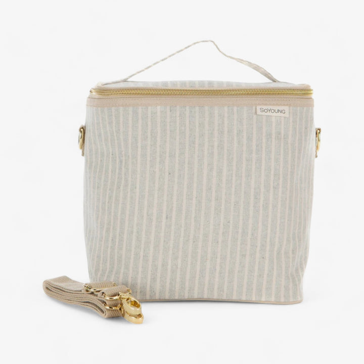 Linen and cotton insulated lunch bag - Sand and gray striped