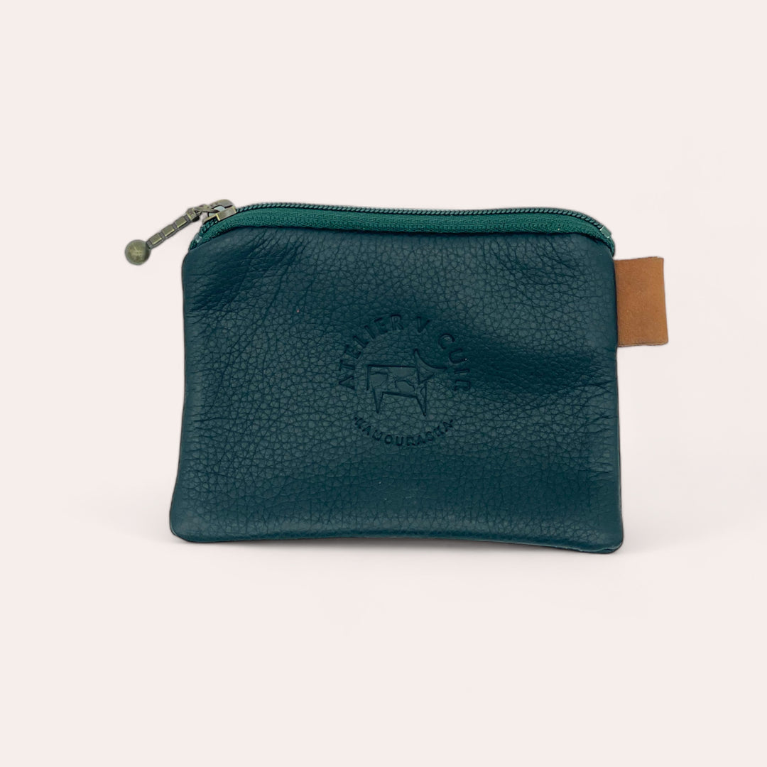 Pochette à monnaie zip en cuir recyclé - Vert foncé