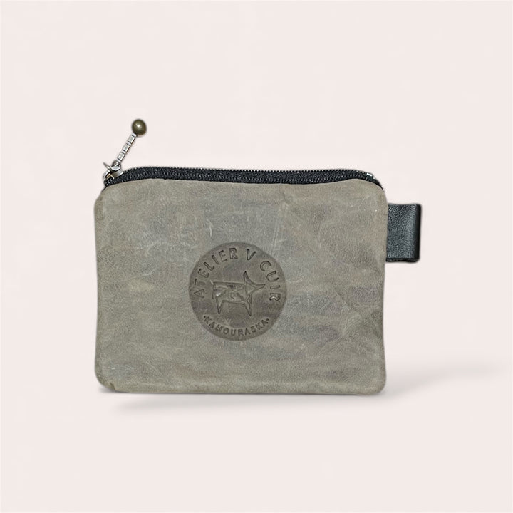 Pochette à monnaie zip en cuir recyclé - Vert kaki