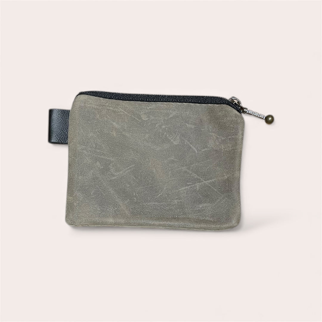 Pochette à monnaie zip en cuir recyclé - Vert kaki