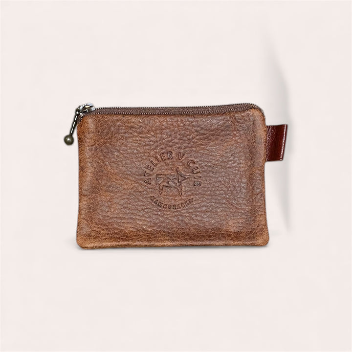 Pochette à monnaie zip en cuir recyclé - Caramel