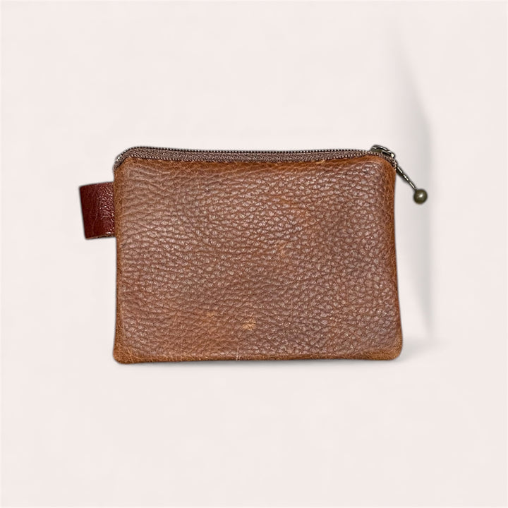 Pochette à monnaie zip en cuir recyclé - Caramel