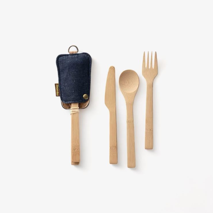 Bamboo Utensil Set with Snap Cloth Pouch - Demin