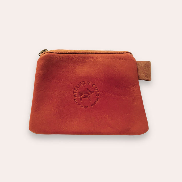 Recycled Leather Zip Coin Pouch - Rust