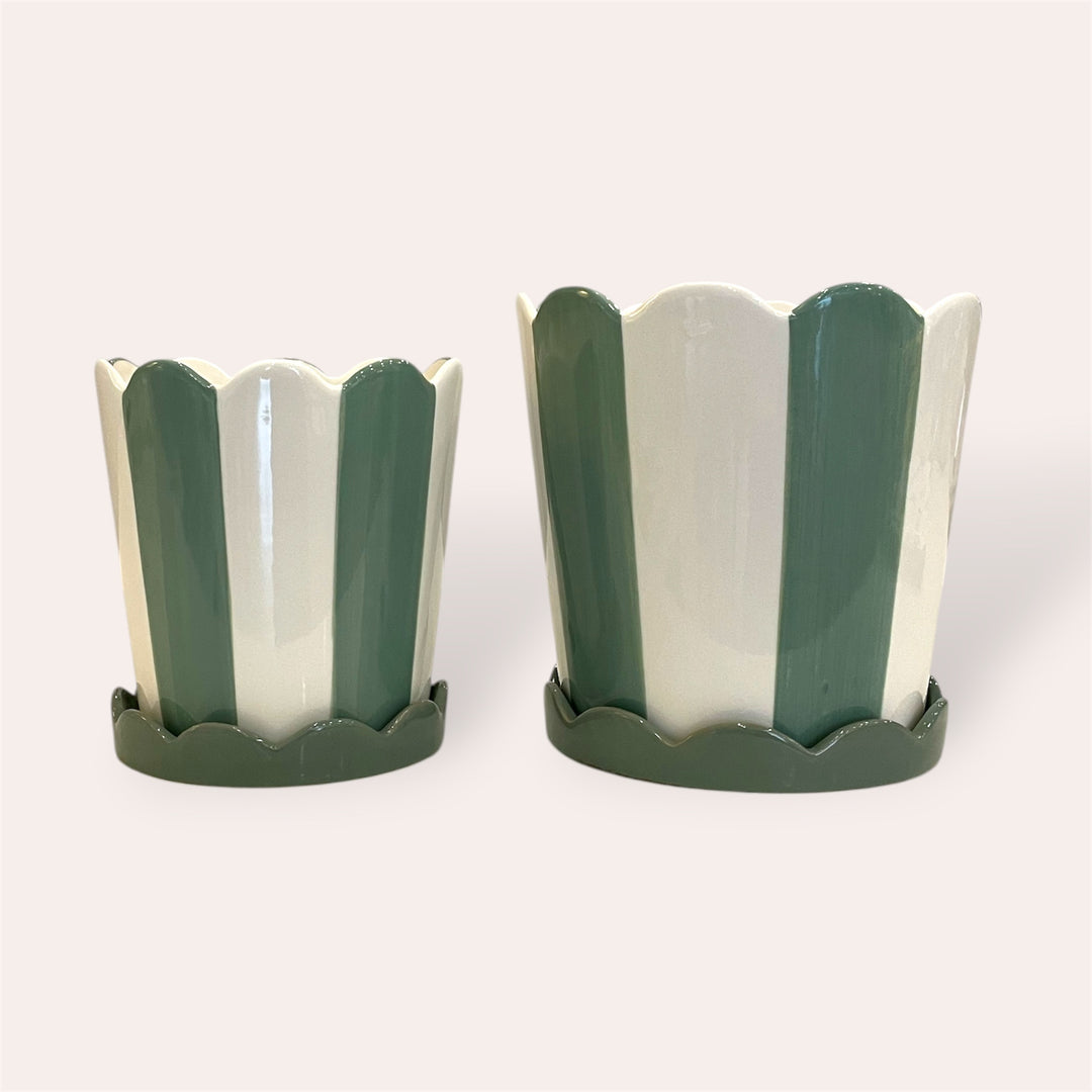 Plant pot - Green stripe with saucer - 4.5 in