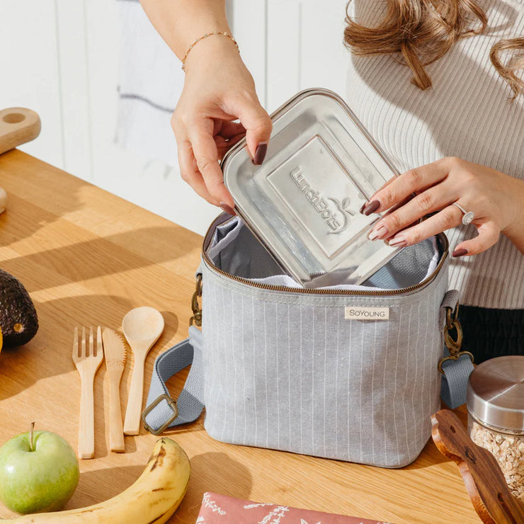 Linen and cotton lunch bag - Heather gray with white stripes