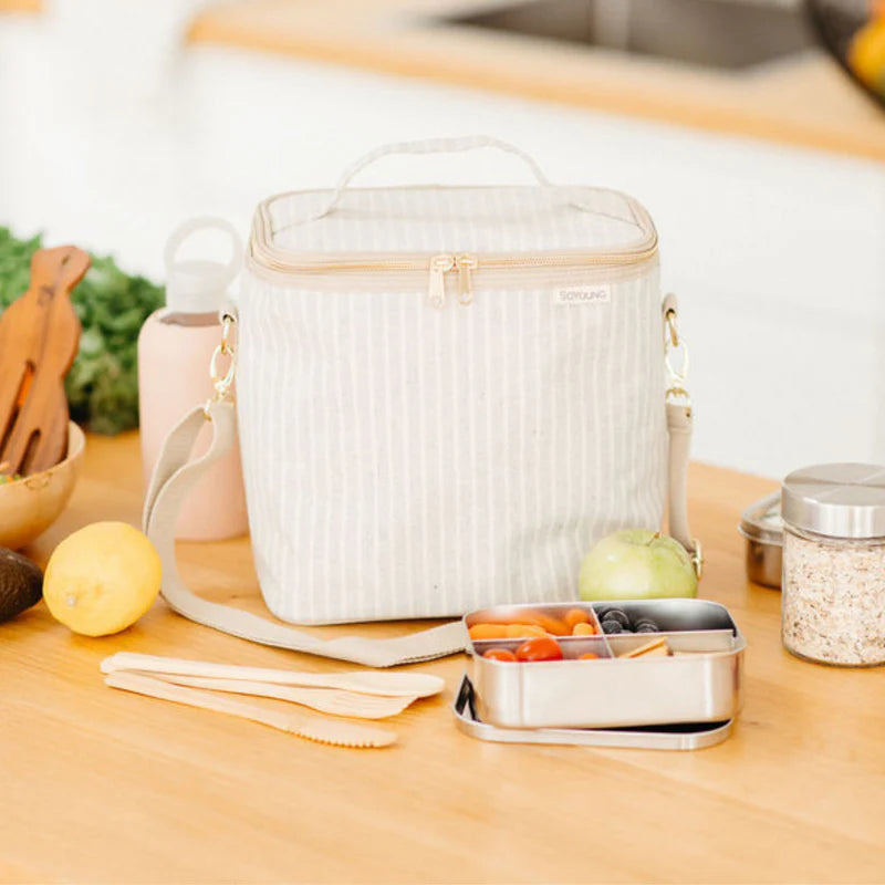 Linen and cotton insulated lunch bag - Sand and gray striped