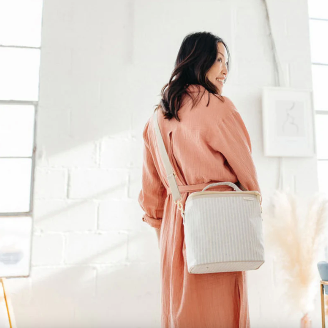 Linen and cotton insulated lunch bag - Sand and gray striped