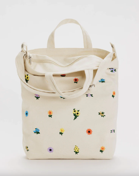 Zipped canvas shoulder bag - Vertical - Embroidered flowers