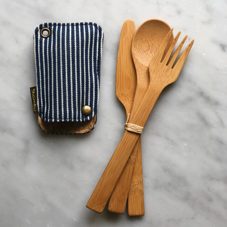 Bamboo Utensil Set with Snap Cloth Pouch - Striped